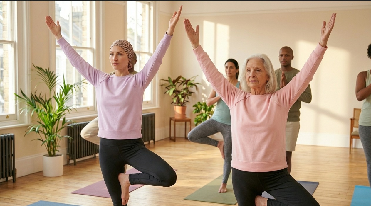 Cours de yoga en groupe avec sweats MoeDCare roses